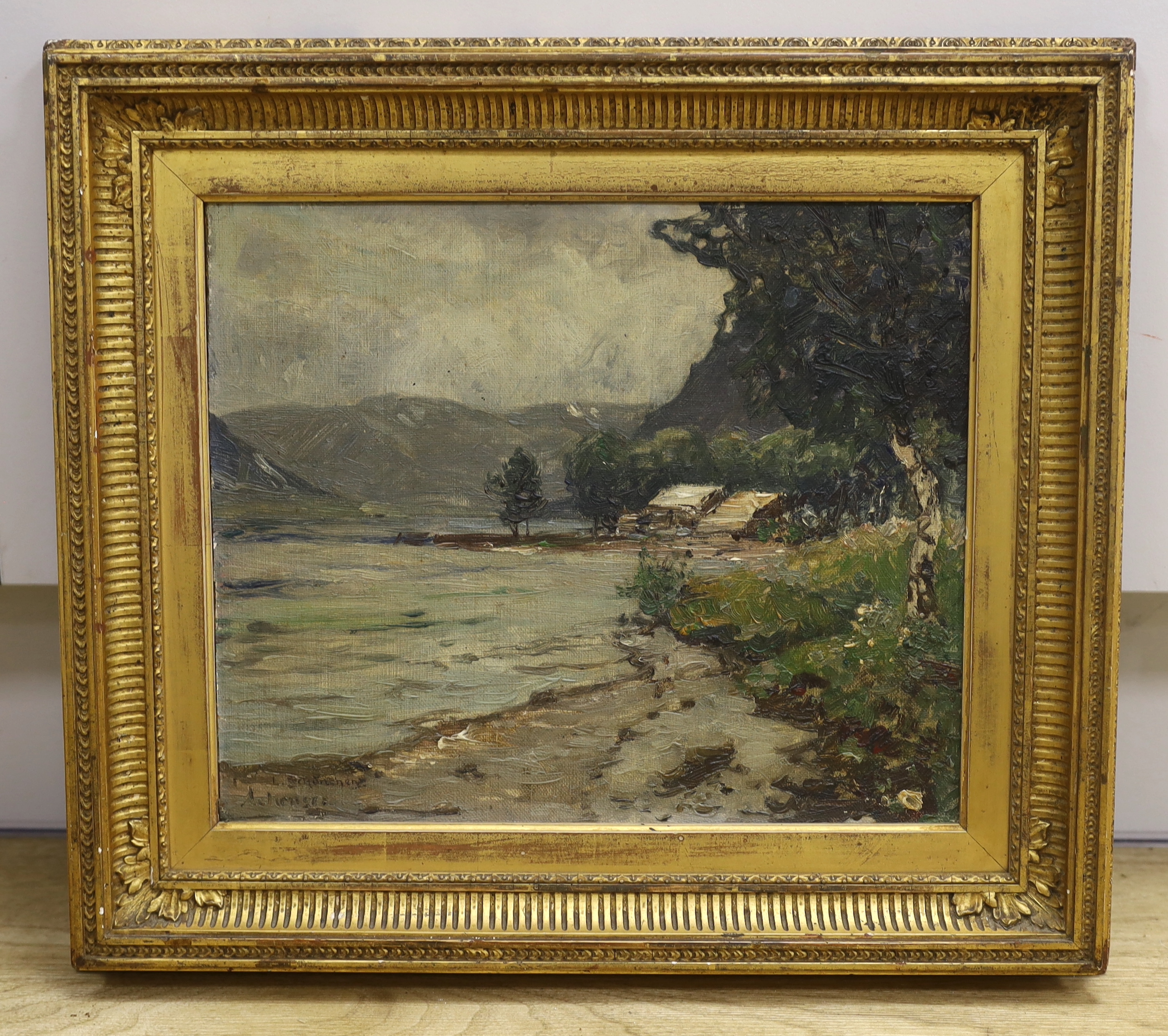 Early 20th century Continental School, oil on board, Mountainous river landscape, indistinctly signed and inscribed verso, Pottsdam?, 29 x 25cm